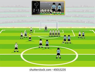 Soccer  stadium with information board and  teams on field. Vector illustration.