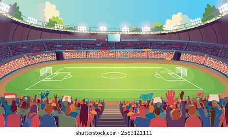 Soccer stadium. A large stadium arena with fans and a soccer field. Soccer field and fans. Soccer fans cheer their team.