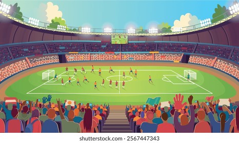 Soccer stadium. A large stadium arena with fans and a soccer field. Soccer field and fans. Soccer fans cheer their team.