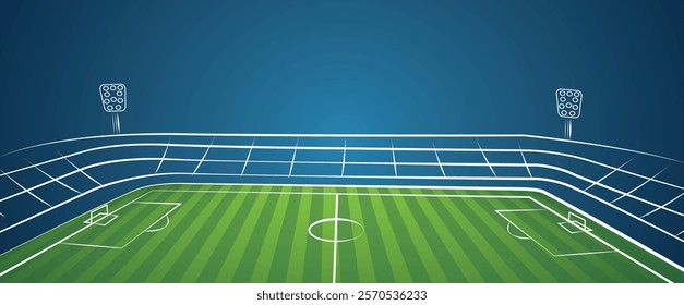 soccer stadium line drawing illustration vector. soccer stadium, football field, sweeping stadium lights, vivid green grass, dynamic atmosphere, dusk sky with deep blue.