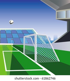 Soccer  stadium part with detailed goal and field. Vector illustration.