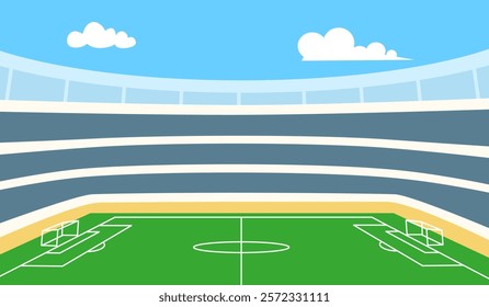 Soccer stadium perspective background with green lawn. Football stadium concept vector illustration.