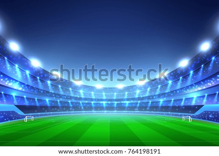 Soccer stadium perspective background with green lawn and white gates, tribunes with spotlights, blue sky vector illustration