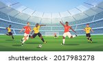 Soccer stadium players. Football match, athletes fighting, kicking ball, dynamic poses of people, different colors uniform, tense moment on field. Olympic sport. Vector flat cartoon isolated