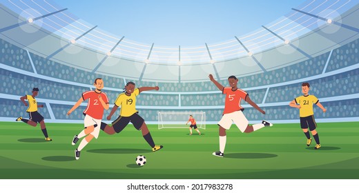 Soccer stadium players. Football match, athletes fighting, kicking ball, dynamic poses of people, different colors uniform, tense moment on field. Olympic sport. Vector flat cartoon isolated - Shutterstock ID 2017983278