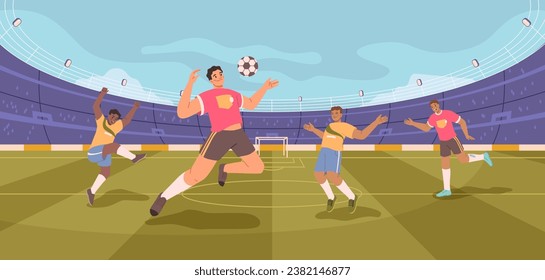 Soccer stadium players. Football match, athletes fighting, kicking ball vector flat cartoon illustration. Dynamic poses of people in uniform, tense moment on field. Football team championship