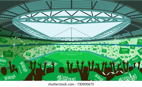 Soccer stadium with Saudi Arabia Flags and cheering crowd.