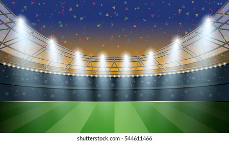 Soccer Stadium with spot light and confetti background. Football Arena. Vector illustration.