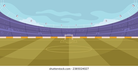 Estadio de fútbol para torneos o campeonatos, cancha deportiva vacía. Ilustración vectorial del campo de fútbol con tribunas, cielo azul y hierba verde, estilo de dibujos animados planos