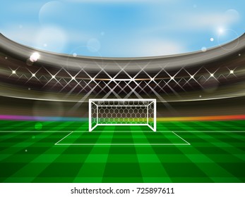 Soccer stadium vector banner. Football arena with spotlights, tribunes, soccer goal net and green grass. The concept of a match invitation.