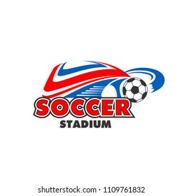 Soccer stadium vector sign. Sport game colorful sign. Vector sign for sport arena in blue, red and white colors. Badge for sportive design. Football vector sign isolated on white background