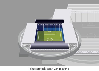 Fußballstadien Gebäude. Zeichnungsvektor für Stadionlinien. Fußballstadionskizze, Vektorgrafik