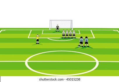 Soccer  standard situation with penalty and one team makes a wall. vector illustration.