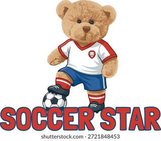 Estrela de futebol ursinho de pelúcia ilustração vetor, jogador de urso atleta bonito com futebol e uniforme de esportes, personagem de esportes de design plano no fundo branco