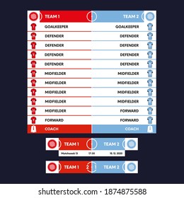 Soccer starting lineup, match and result template. Football broadcast graphic.