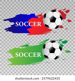 Soccer Sticker. Soccer ball on green and red background. Vector illustration on the theme of sports. 