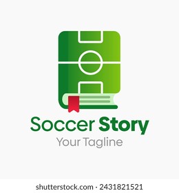 Soccer Story Logo Vector Illustration. Template Design Idea Combining Soccer Football Field and Book Shape