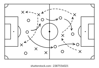 Soccer strategy field, football game tactic drawing on chalkboard. Hand drawn soccer game scheme, learning diagram with arrows and players on board, sport plan outline vector illustration.