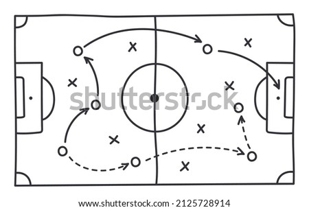 Soccer strategy field, football game tactic drawing on chalkboard. Hand drawn learning diagram with arrows and players on board, sport plan outline vector illustration.