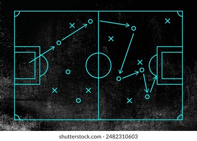 Soccer strategy football game tactical scheme drawing on chalkboard texture. Sport infographics.