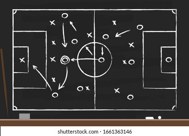 Soccer Strategy On The Black Board With Point Stick, Washcloth And Chalks. Drawing Tactical Scheme For Football Team. Soccer Tactic Chalkboard. Graphic Training Coach. Sketch Football Stadium. Vector.