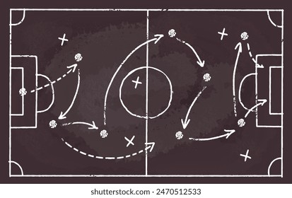 Soccer strategy scheme. Football management play tactic chalkboard, strategic plan attack game sport theory field pitch arrow chalk drawing on blackboard classy vector illustration of goal manager