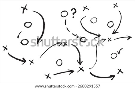 Soccer strategy scheme, game tactic outline with player moves, hand sketched playbook. Great for football training, team tactics, and coach visuals, suitable for sport art.