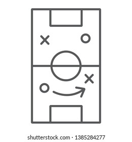 Soccer strategy thin line icon, game and field, football tactic sign, vector graphics, a linear pattern on a white background, eps 10.