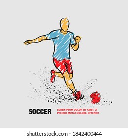 Soccer striker. Vector outline of soccer player hits the ball with scribble doodles style drawing.