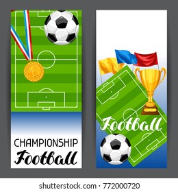 Soccer stylized banners with ball and football symbols. Sports illustration.