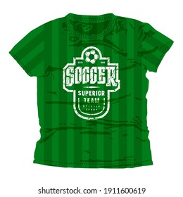 Soccer superior team emblem. Graphic design for t-shirt. White print on green wear