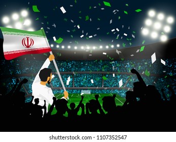 Soccer supporter hold Iran flag among silhouette of crowd audience in soccer stadium to celebrate or cheer football game.Concept for nation football result template in vector illustration.