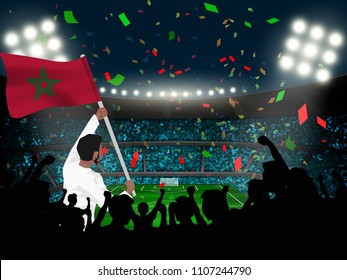 Soccer supporter hold Morocco flag among silhouette of crowd audience in soccer stadium to celebrate or cheer football game.Concept for nation football result template in vector illustration.