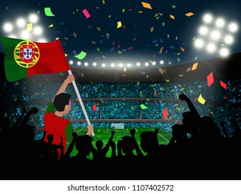 Soccer supporter hold Portugal flag among silhouette of crowd audience in soccer stadium to celebrate or cheer football game.Concept for nation football result template in vector illustration.