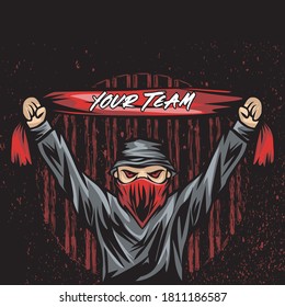 Soccer supporter of ultras with hand draw , Hooligan vector illustration