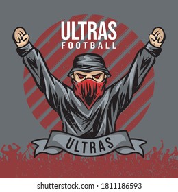 Soccer supporter of ultras with hand draw , Hooligan vector illustration