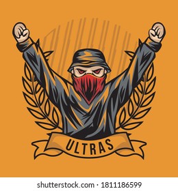 Soccer supporter of ultras with hand draw , Hooligan vector illustration