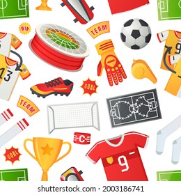 Soccer symbols set, sport football vector banner. Uniform and awards isolated on white, scoreboard and stadium, stopwatch whistle, gate ticket, ball penalty field, clothes and shoes, team championship