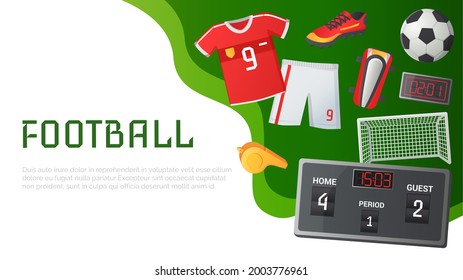 Soccer symbols set, sport football vector banner. Uniform and awards isolated on white, scoreboard and stadium, stopwatch whistle, gate ticket, ball penalty field, clothes and shoes, team championship