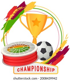 Soccer symbols set, sport football vector banner. Uniform and awards isolated on white, scoreboard and stadium, stopwatch whistle, gate ticket, ball penalty field, clothes and shoes, team championship