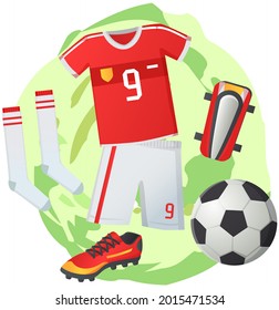 Soccer symbols set, sport football vector banner. Uniform and awards isolated on white, scoreboard and stadium, stopwatch whistle, gate ticket, ball penalty field, clothes and shoes, team championship