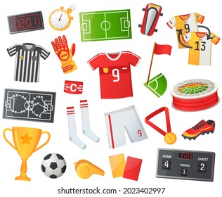 Soccer symbols set, sport football vector banner. Uniform and awards isolated on white, scoreboard and stadium, stopwatch whistle, gate ticket, ball penalty field, clothes and shoes, team championship