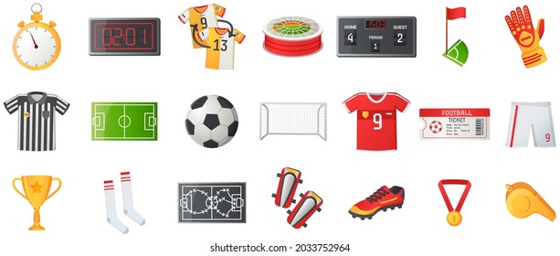 Soccer symbols set, sport football vector banner. Uniform and awards isolated on white, scoreboard and stadium, stopwatch whistle, gate ticket, ball penalty field, clothes and shoes, team championship