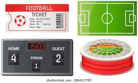 Soccer symbols set, sport football vector banner. Stadium, sports match ticket, and modern arena, scoreboard with timer and score in match isolated, green grass playing field, team championship