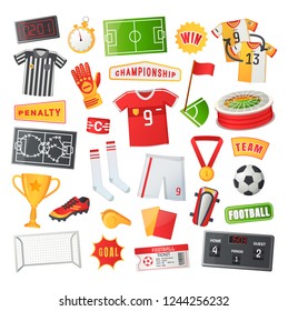 Soccer symbols vector banner. Uniform and awards, scoreboard and stadium, stopwatch and whistle, gate and ticket, penalty and field, team championship