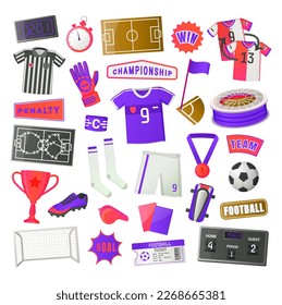 Soccer symbols vector banner. Uniform and awards, scoreboard and stadium, stopwatch and whistle, gate and ticket, penalty and field, team championship