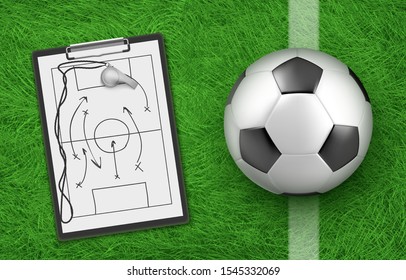 Soccer tactic, football ball and clipboard with coach drawings on stadium green grass, team defence game strategy in tournament or team competition, clip board with Realistic 3d vector illustration