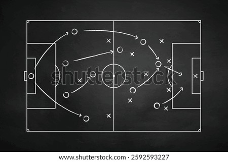 Soccer tactic scheme on chalkboard. Football team strategy for the game. Hand drawn soccer field background