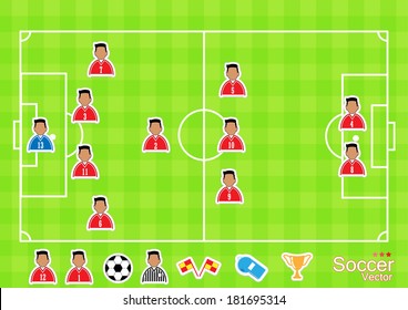 Soccer Tactical Kit - isometric vector illustration of football field and abstract teams, all elements separated and grouped 