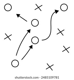 Fußballtaktik-Ikone, Spielerfolgsstrategie im Fußball, Schemaspiel, Vektorillustration auf isoliertem Hintergrund. EPS 10.